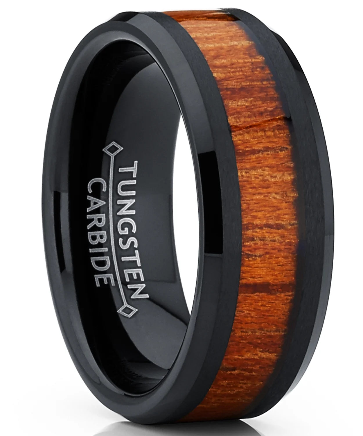 Mens Black Tungsten Carbide Wedding Band Ring Wood Inlay Comfort-Fit 8Mm 14