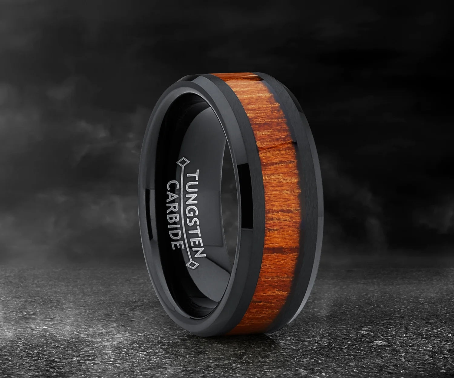 Mens Black Tungsten Carbide Wedding Band Ring Wood Inlay Comfort-Fit 8Mm 14