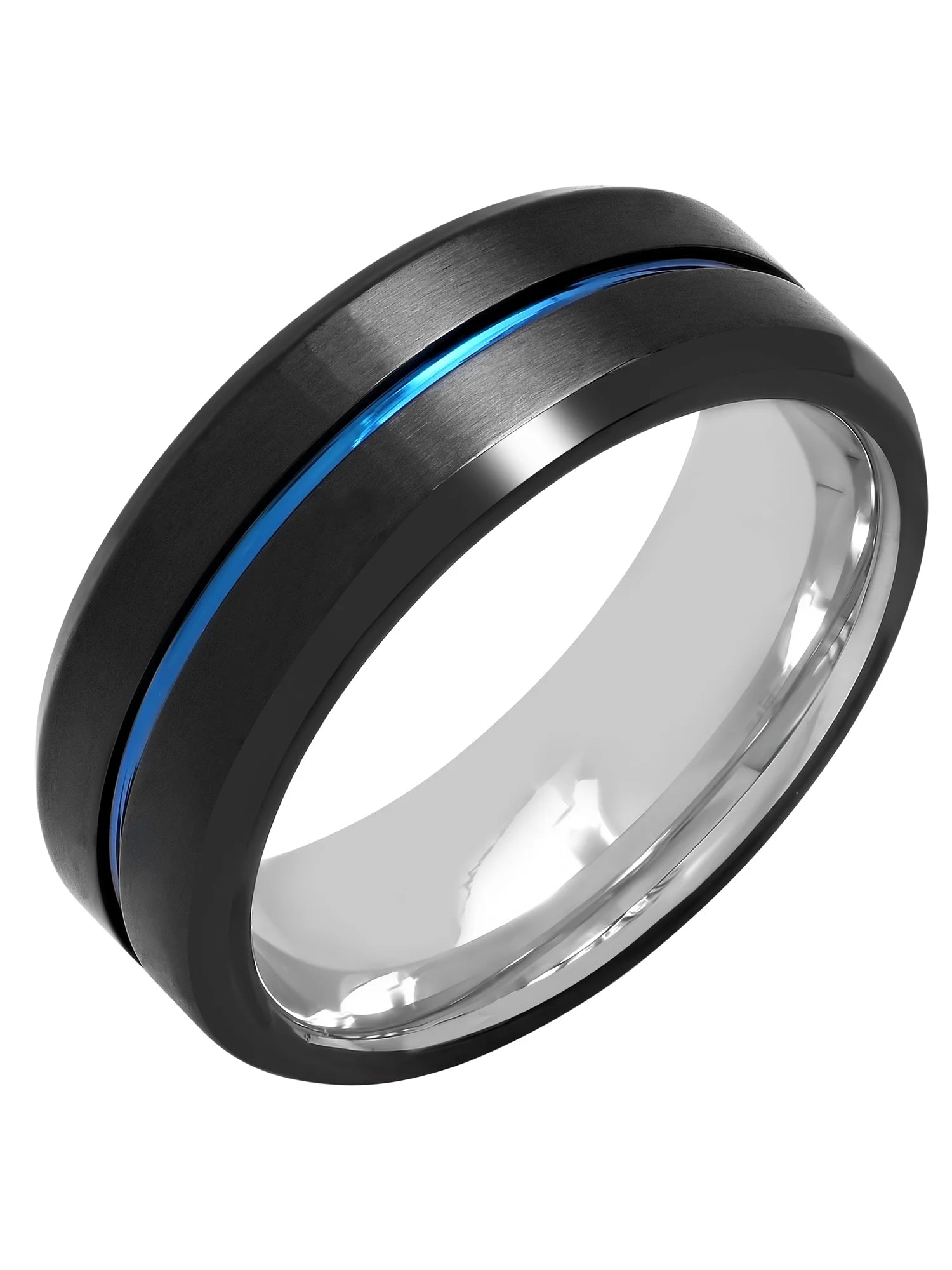 Mens Black and Blue IP Stainless Steel Wedding Ring Band