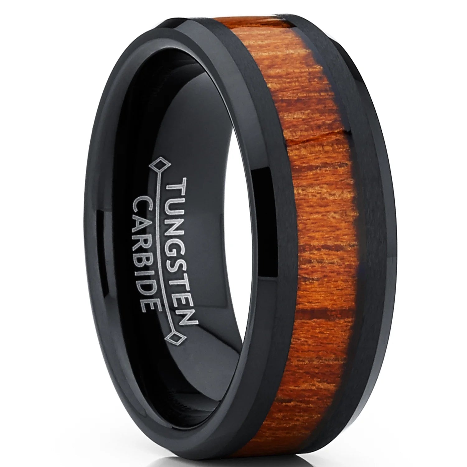 Mens Black Tungsten Carbide Wedding Band Ring Wood Inlay Comfort-Fit 8Mm 14