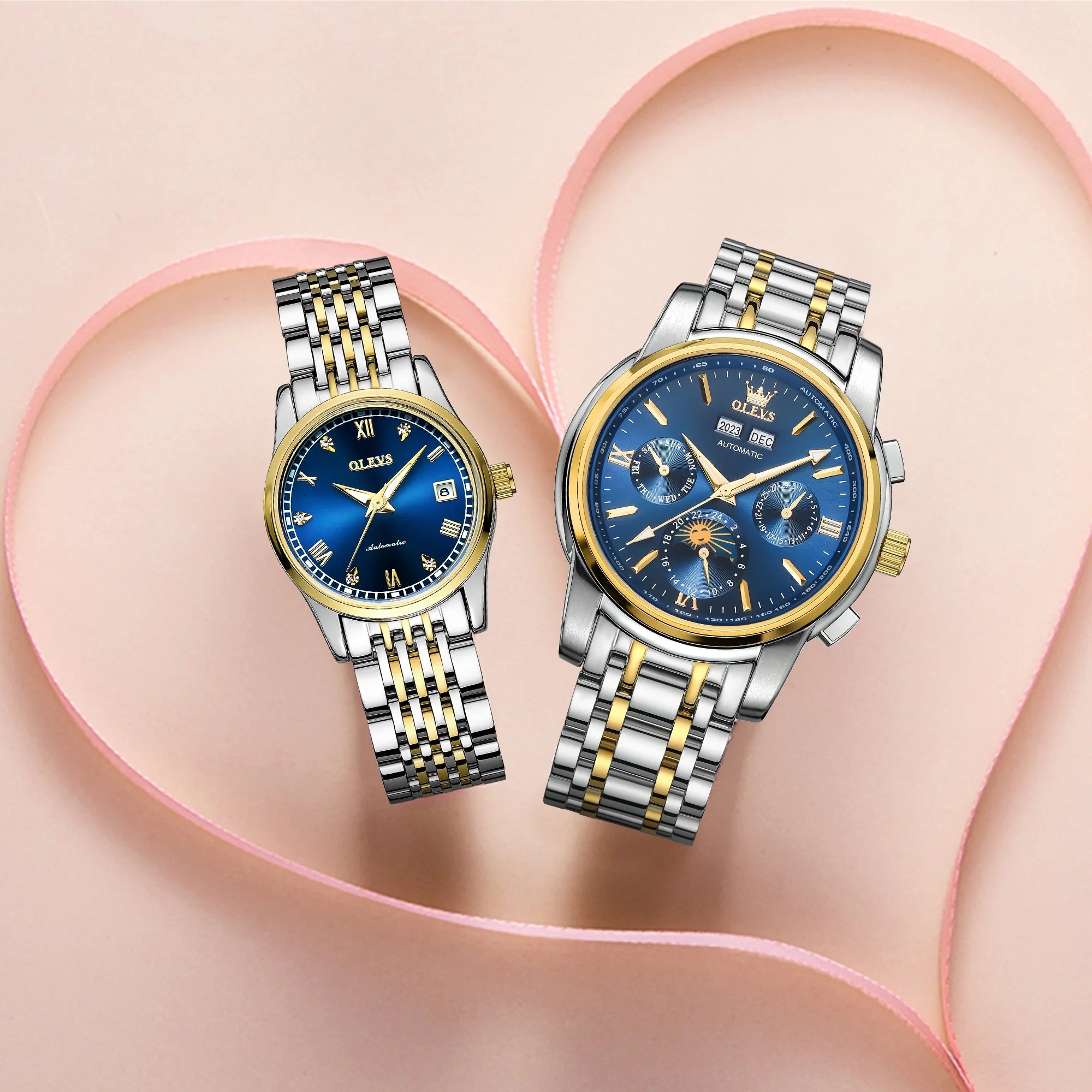 Automatic Couple Watches Set Casual Stainless Steel Waterproof His and Hers Wristwatch for Valentines Anniversary Wedding Romantic Chrismas Gifts, Luxury Watches Set of 2